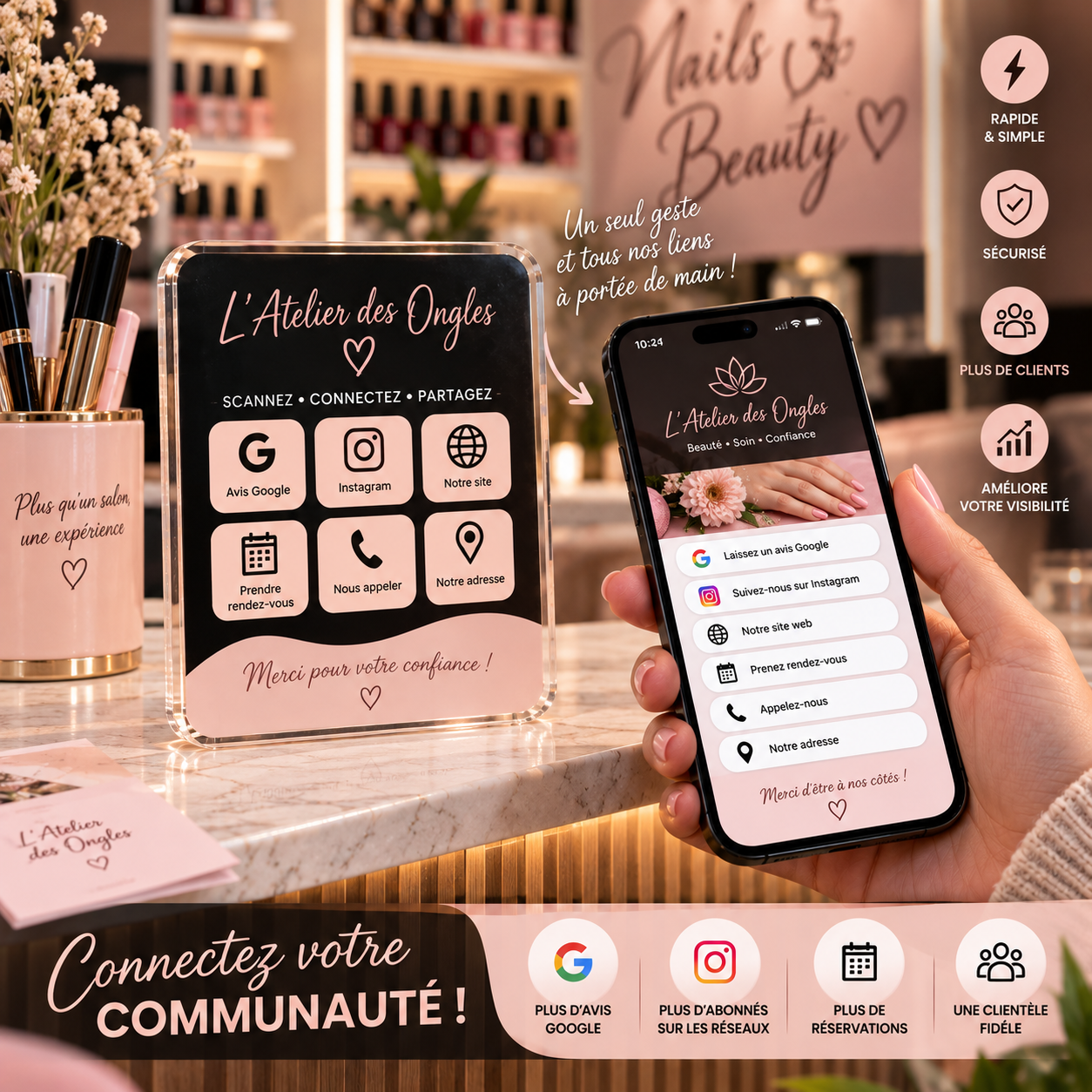 Présentation détaillée de la plaque Multi-liens : page de liens, avis Google, réseaux sociaux et prise de rendez-vous